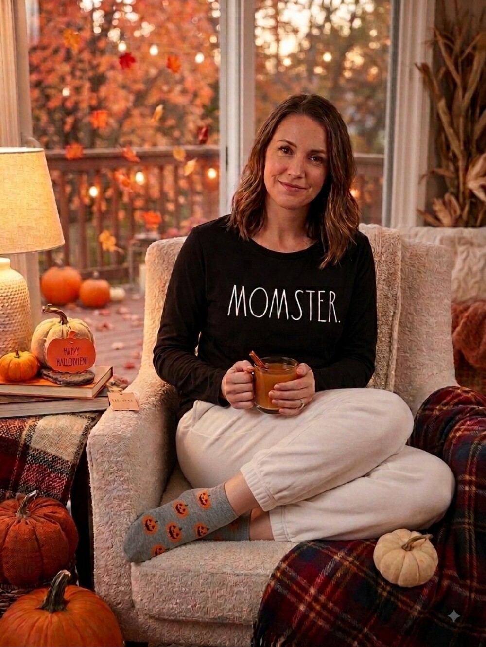 Rae Dunn  "Momster" Long-Sleeve Pajama Top with Gray Pumpkin Socks